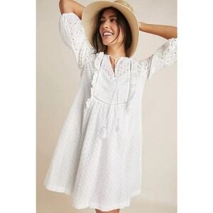 Anthropologie White Mini Dress Eyelet Ruffle Cottagecore Boho Beachy Summer
